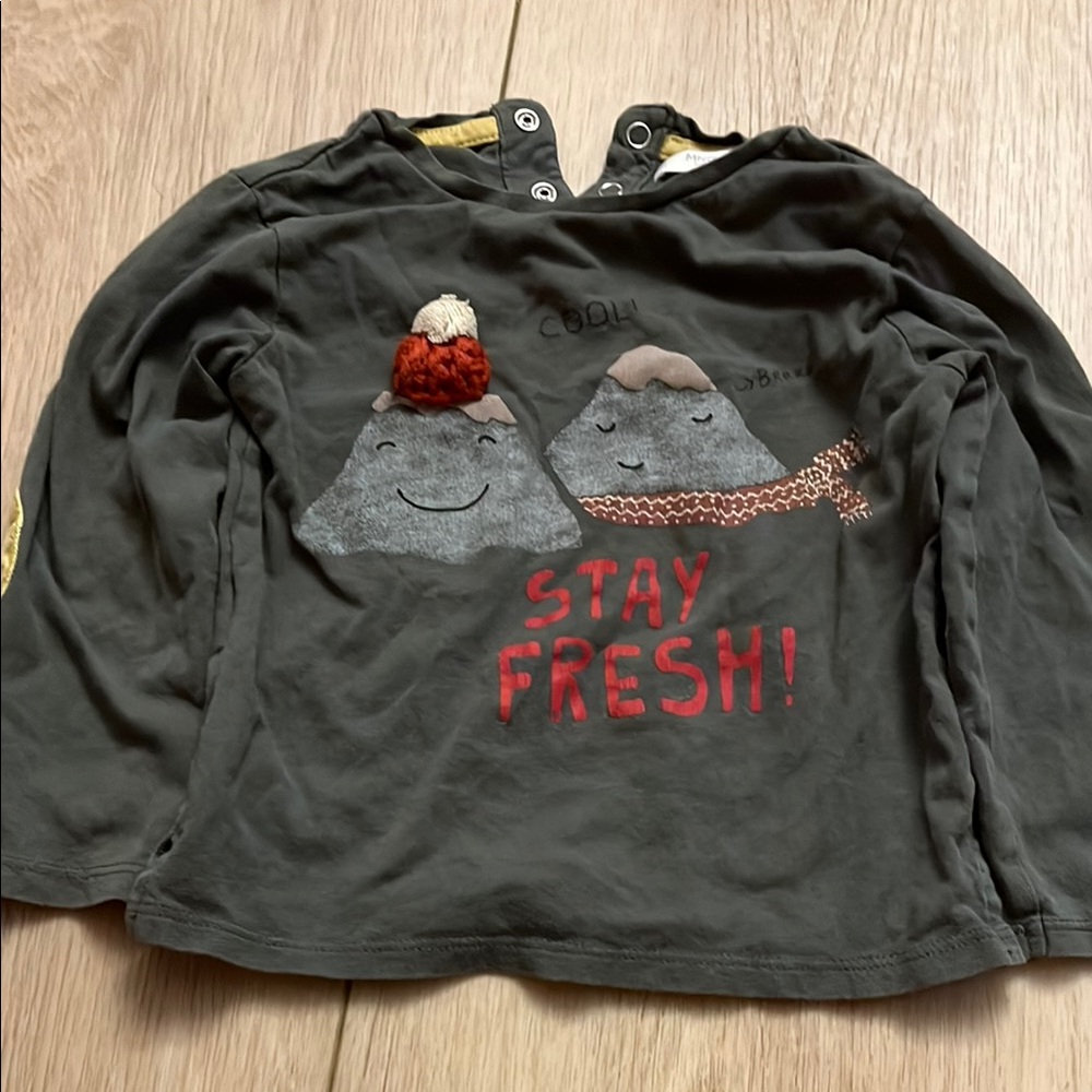 Mango Gray Long Sleeve Tee with Red Cartoon Graphic